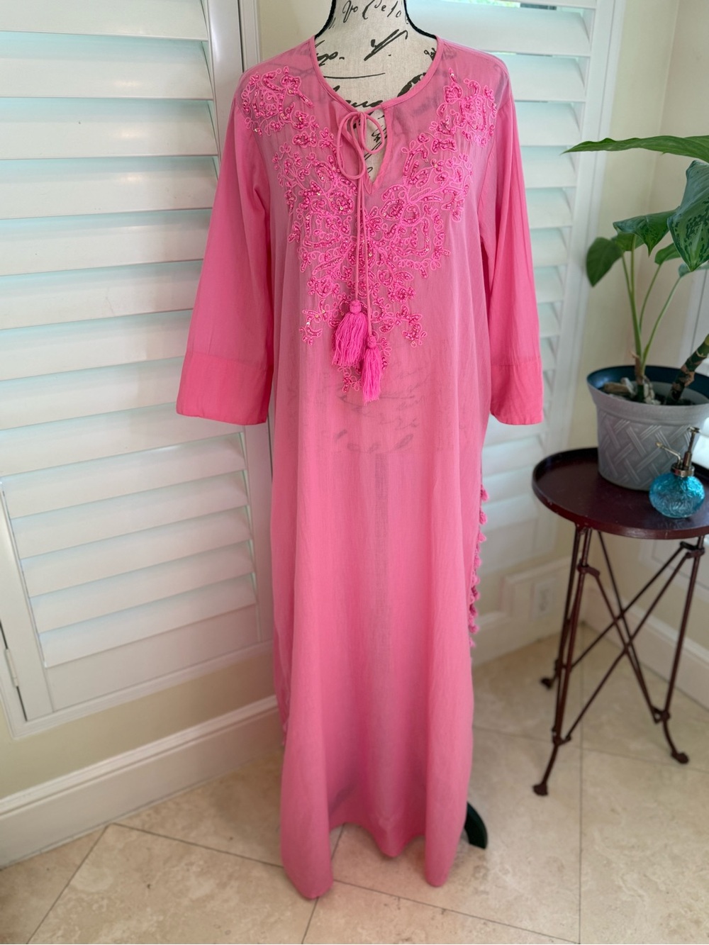 Antica Sartoria Pink Embroidered Sequin Caftan Tunic Dress with Tassels S/M